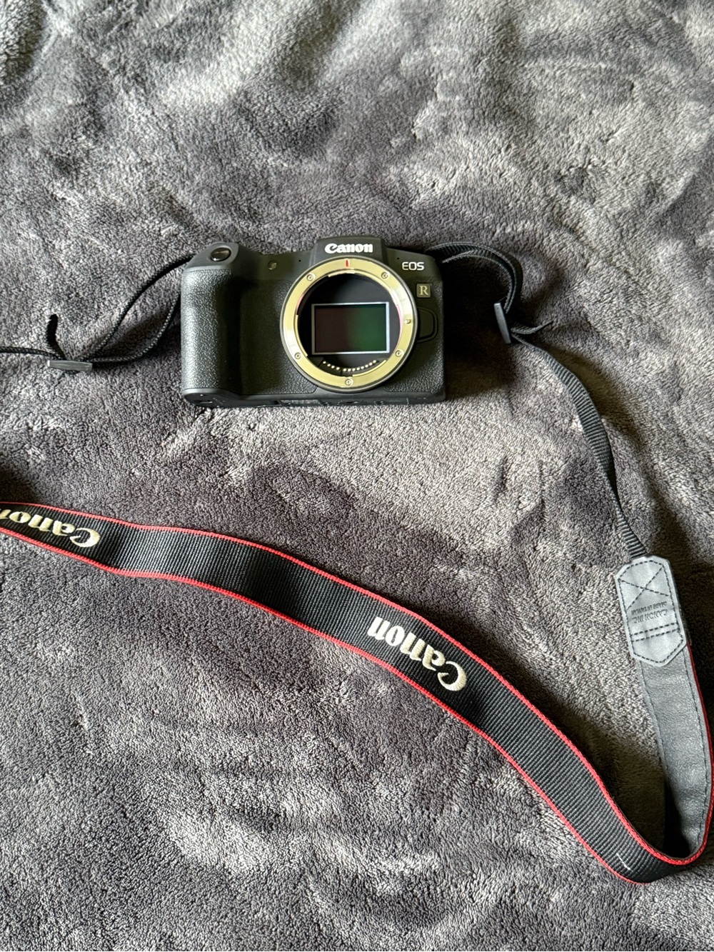Canon EOS R Mirrorless Camera Body in Black with Red-Trim Strap